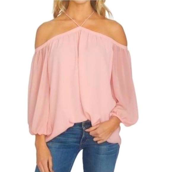 1. State Tops - 1. State Revolve Pink Off-Shoulder Halter Neck 3/4 Sleeve Top - Size Small